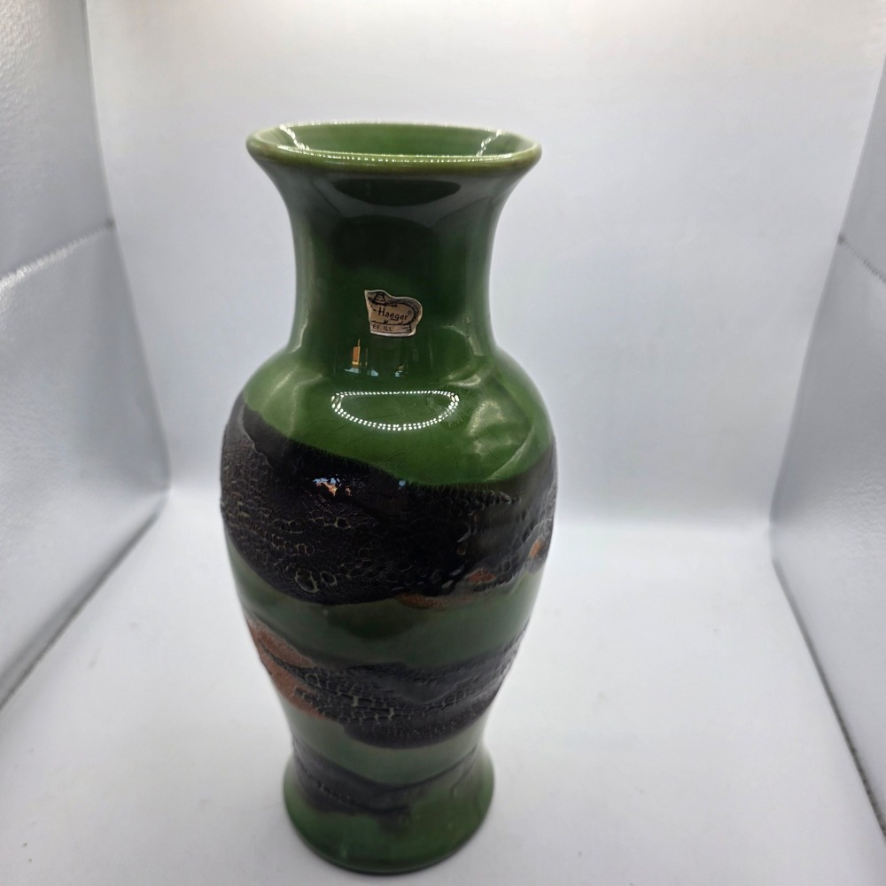 Vintage Haeger Pottery Vase Green Brown Orange Textured Glaze MCM Art Pottery